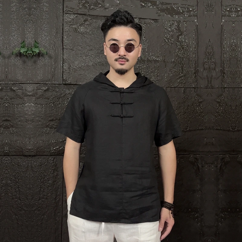 男士亚麻连帽短袖T恤唐装青年男装宽松中国风夏季薄款短袖纯色