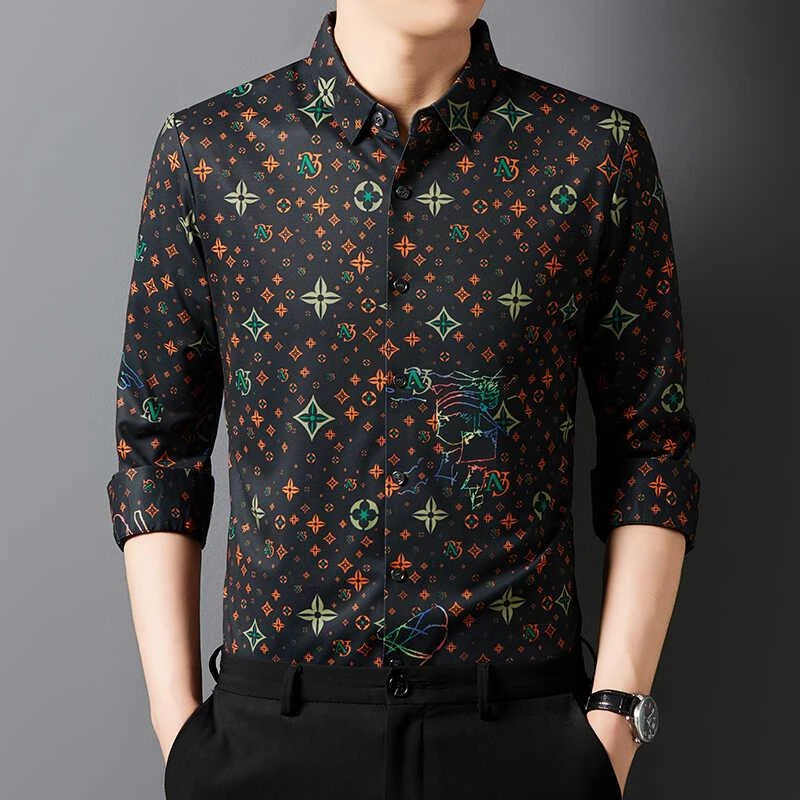 男款免烫男士长袖衬衫新款巴宝莉纯色2024春秋季印花衬衫休闲