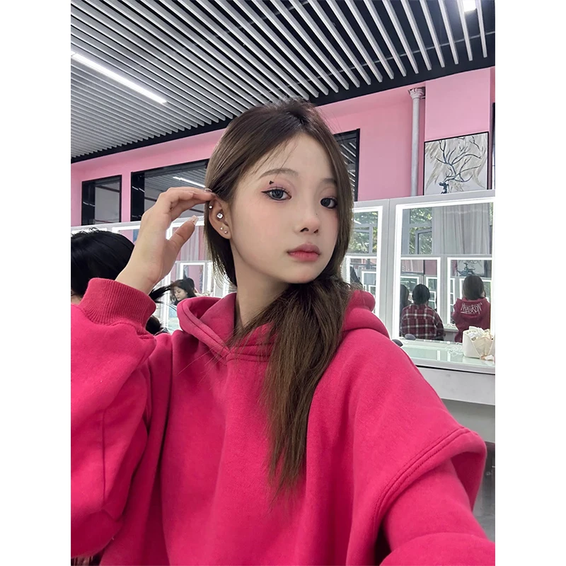 大码女装胖mm遮肚外套加绒加厚超火连帽卫衣oversize韩版纯色上衣