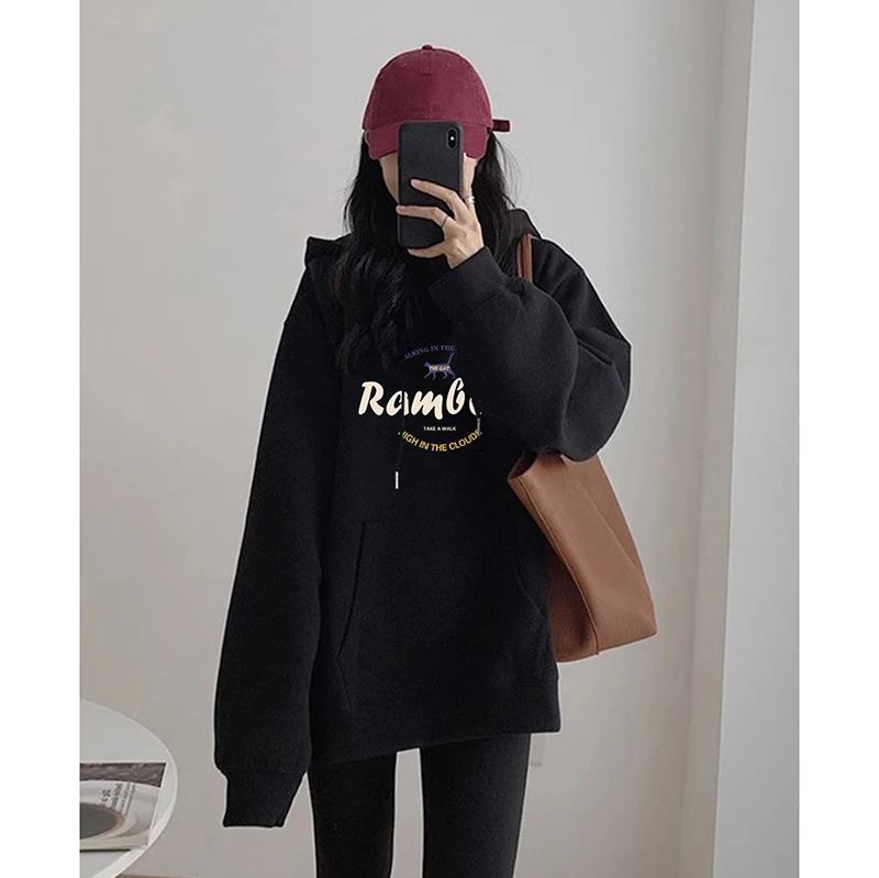 大码女装胖mm遮肚显瘦美式连帽卫衣秋冬新款宽松潮牌加绒加厚外套