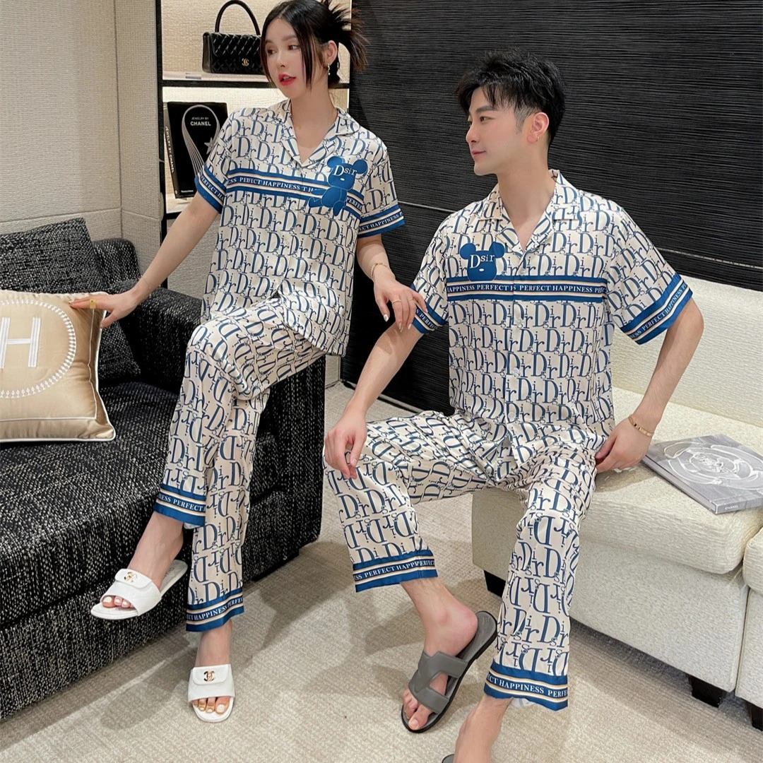 卡通夏季新款情侣短袖长裤休闲网红高端冰雪丝睡衣薄款家居服套装
