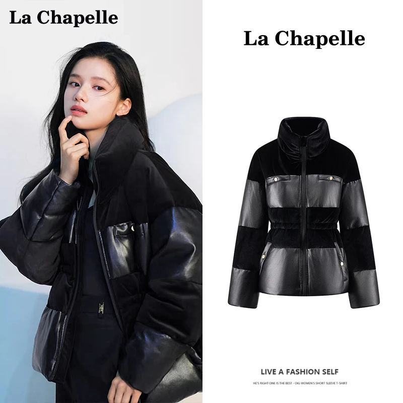 拉夏贝尔/LaChapelle白鸭绒立领收腰抽绳丝绒拼皮羽绒服外套女冬