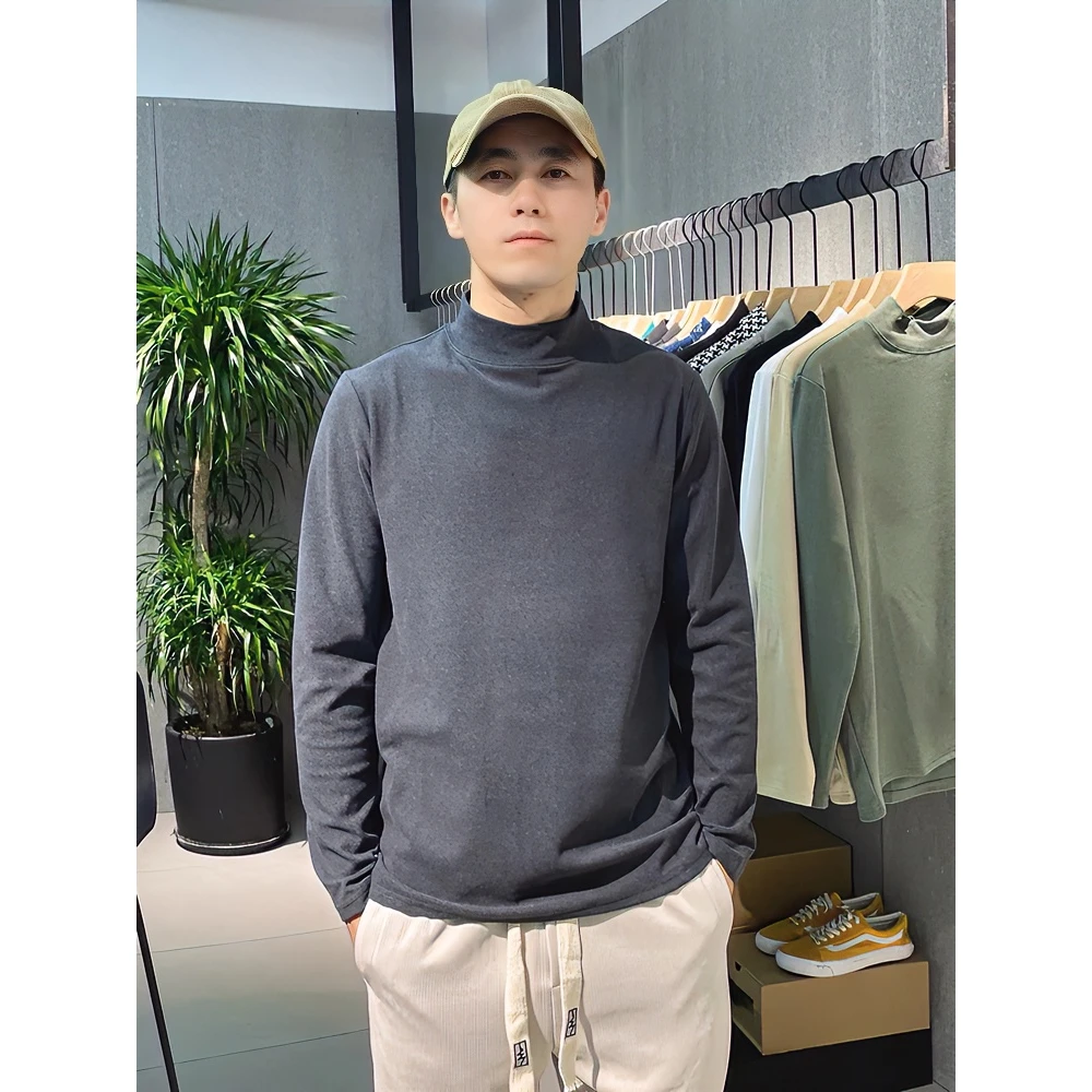 男装重磅加厚双面德绒半高领打底衫秋冬男士时尚百搭长袖保暖上衣