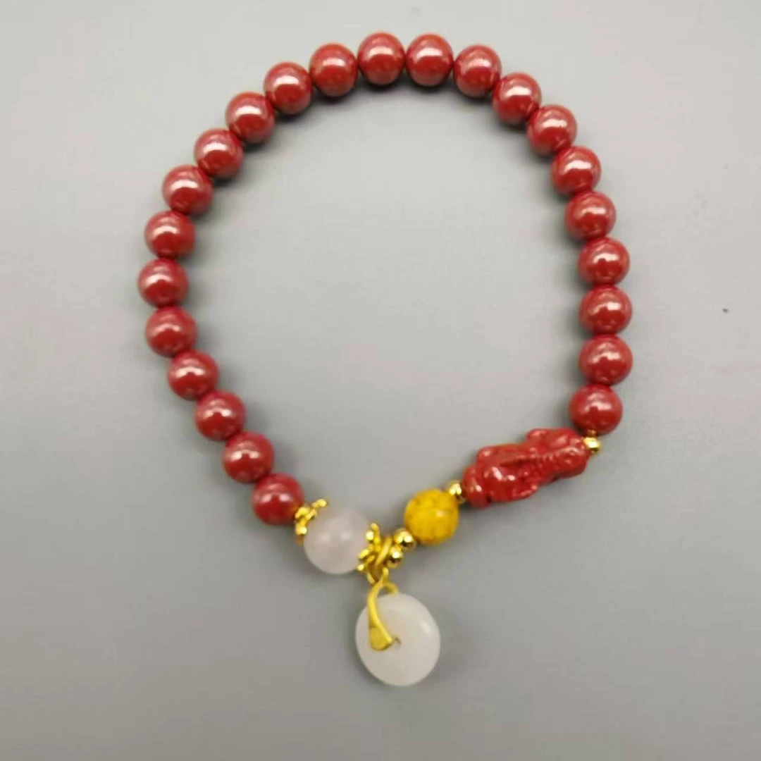 含辰砂工艺品DW481-帝王设计款貔丘带黄色加白配珠提溜跑环手串6m