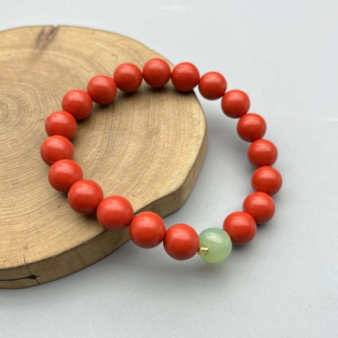 含辰砂工艺品HA262红色配绿色珠子10mm单圈手串