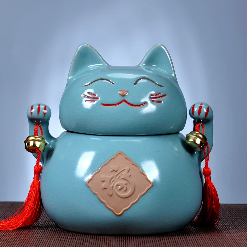 汝窑招财猫创意摆件茶叶罐茶叶罐子陶瓷密封罐防潮家用茶叶存储罐