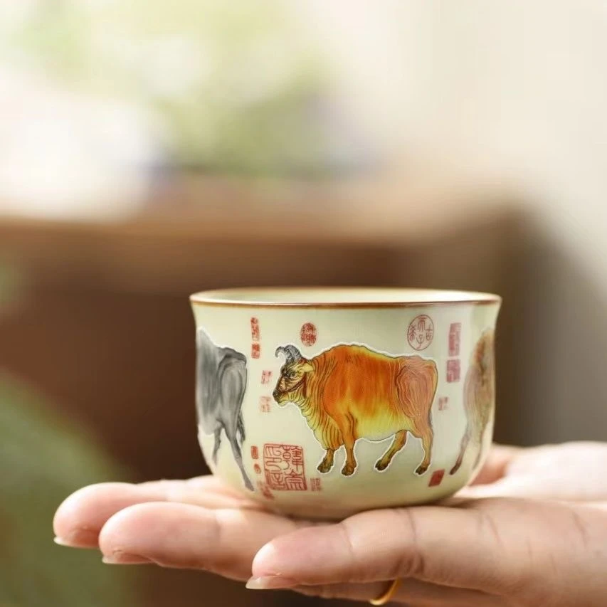 B1【包邮】2024新款汝窑陶瓷五牛杯茶杯高档品茗杯新中式