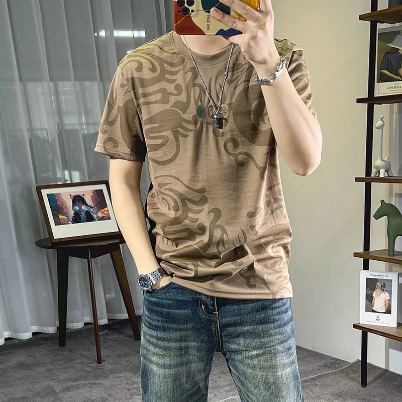 短袖t恤男夏季新款印花仿天丝棉麻休闲潮流圆领薄款百搭修身半袖