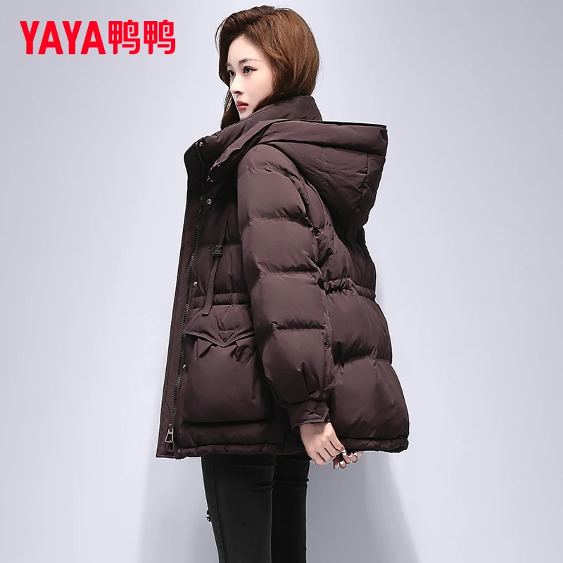 鸭鸭羽绒服女中长款2024冬季新款收腰显瘦连帽保暖面包服工装外套