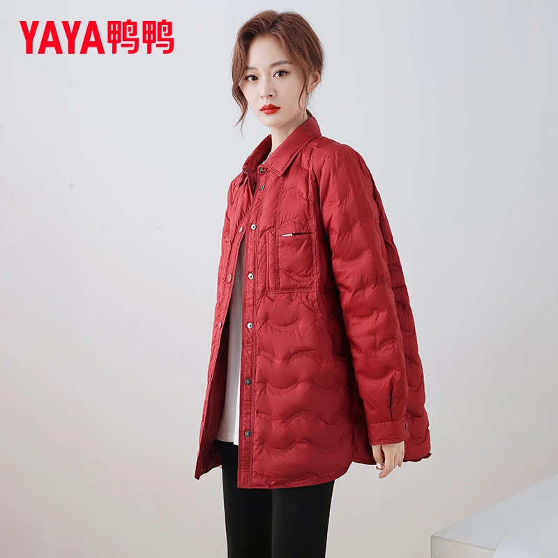 YAYA/鸭鸭羽绒服女2025秋冬季新品常规款衬衫领纯色韩版休闲外套