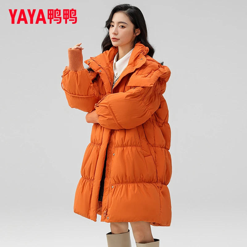 鸭鸭中长款羽绒服女针织袖口褶皱韩版宽松加厚大连帽冬季保暖外套