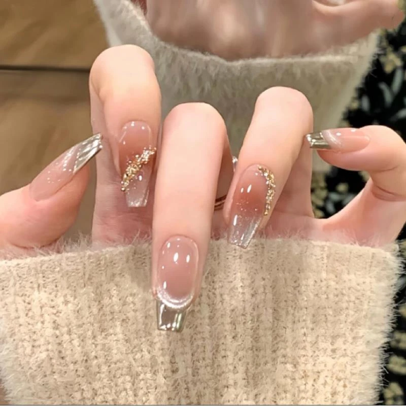 纯手工穿戴甲魔镜粉法式猫眼2024年新款秋冬款高级感美甲贴片