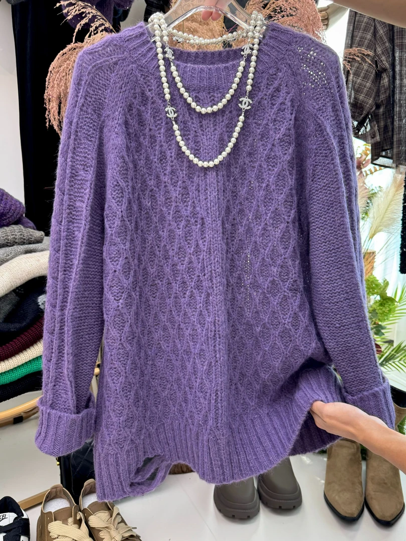 秋季 圆领套头纯色毛衫毛针织上衣重工设计时尚慵懒风百搭毛衣