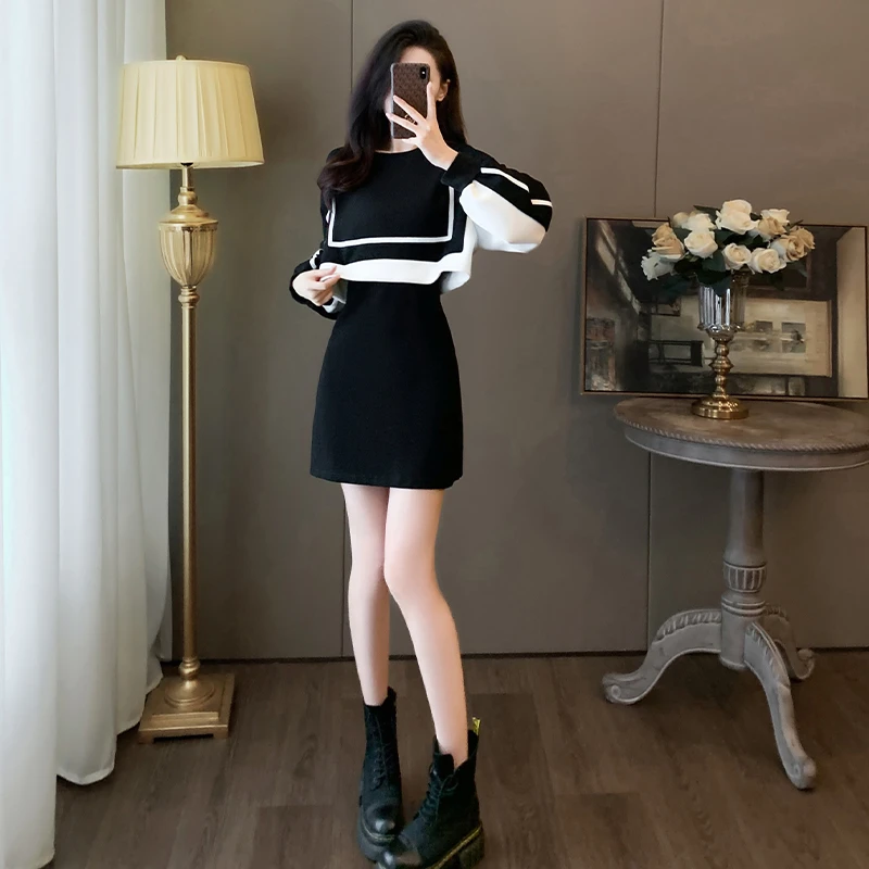 欧货黑色连衣裙女秋装2023新款气质女神范收腰显瘦假两件卫衣裙子