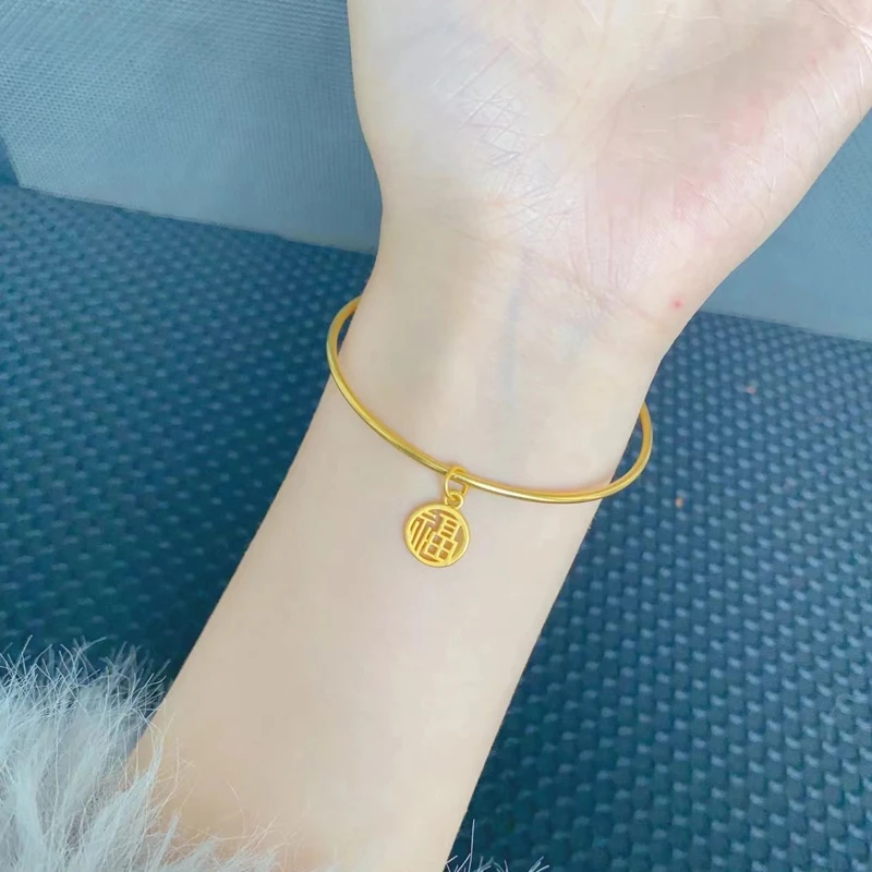 铜合金手镯 原创经典百搭纯手工金手镯女小众设计极细福字牌镯子