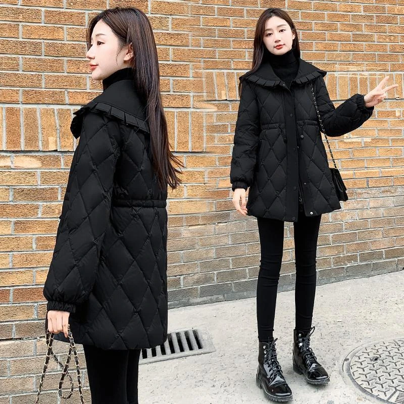 小个子黑色显瘦娃娃领外套2023年新款女装冬季修身中长款棉服女