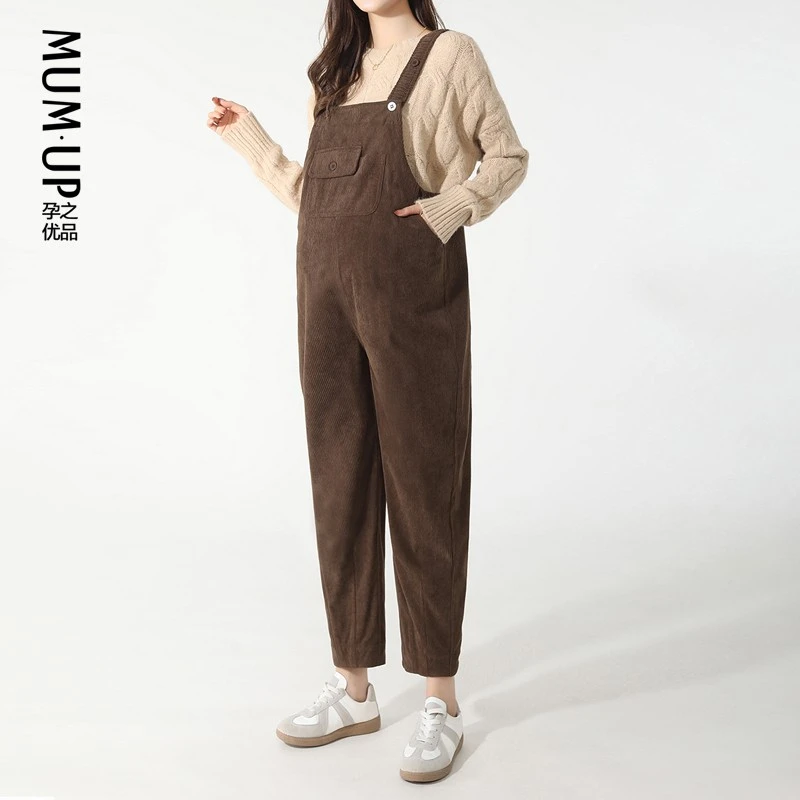 孕之优品孕妇背带裤宽松灯芯绒秋冬外穿2024新复古加绒加厚孕妇裤