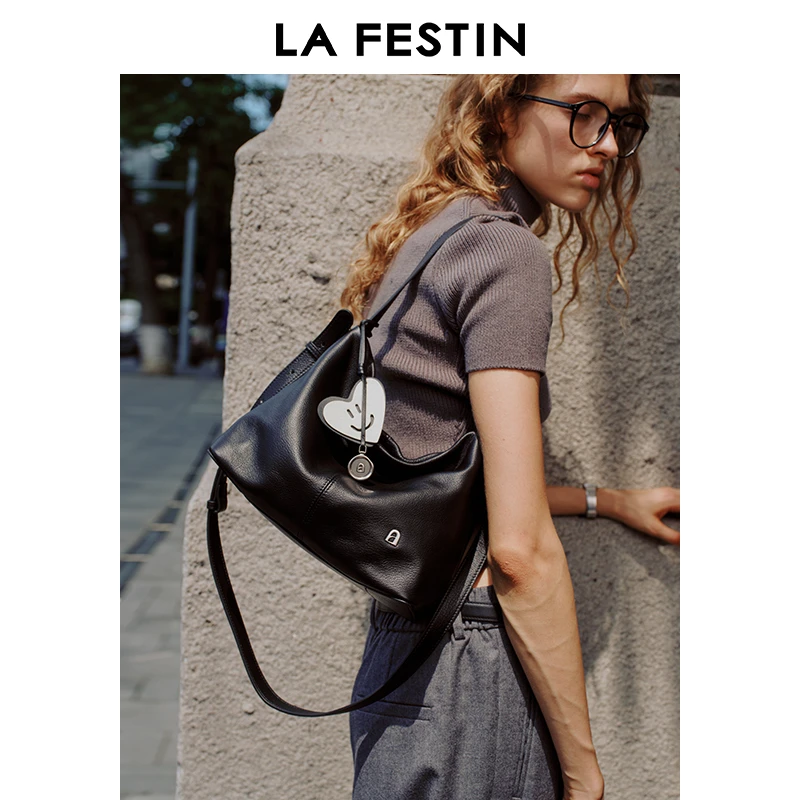 拉菲斯汀小号懒懒包2024新款头层牛皮女包黑色斜挎包手提托特包