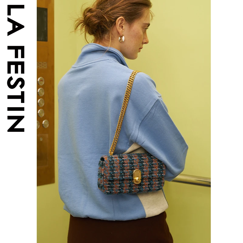 拉菲斯汀小香风格子小众链条腋下包时尚单肩斜挎包