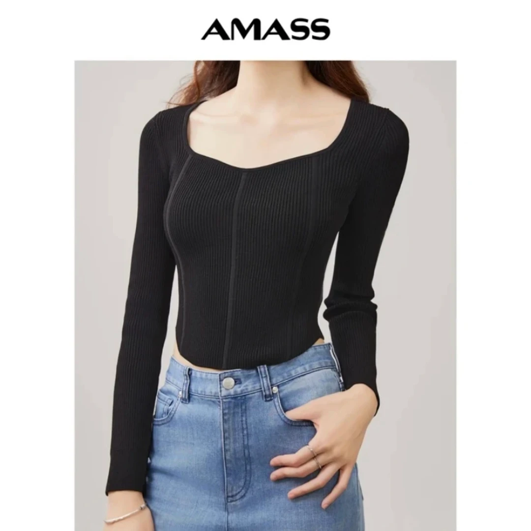 AMASS/阿玛施秋季新款女装简约显瘦方领套头修身长袖针织5399617