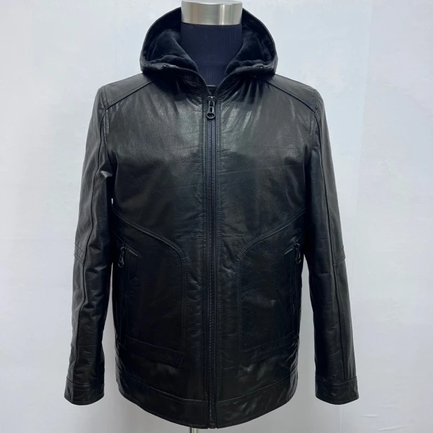 新品男士牛皮复古油蜡连帽休闲夹克皮衣