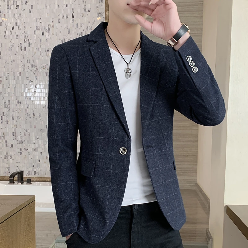 休闲格子西装外套男士春秋装新款潮牌爆款枪驳领西服男装痞帅上衣