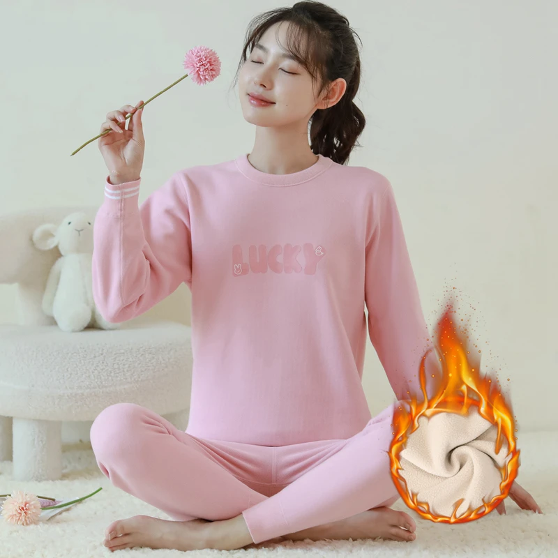 少女保暖内衣加绒加厚舒适女孩初中大学生羊羔绒打底女士大童套装