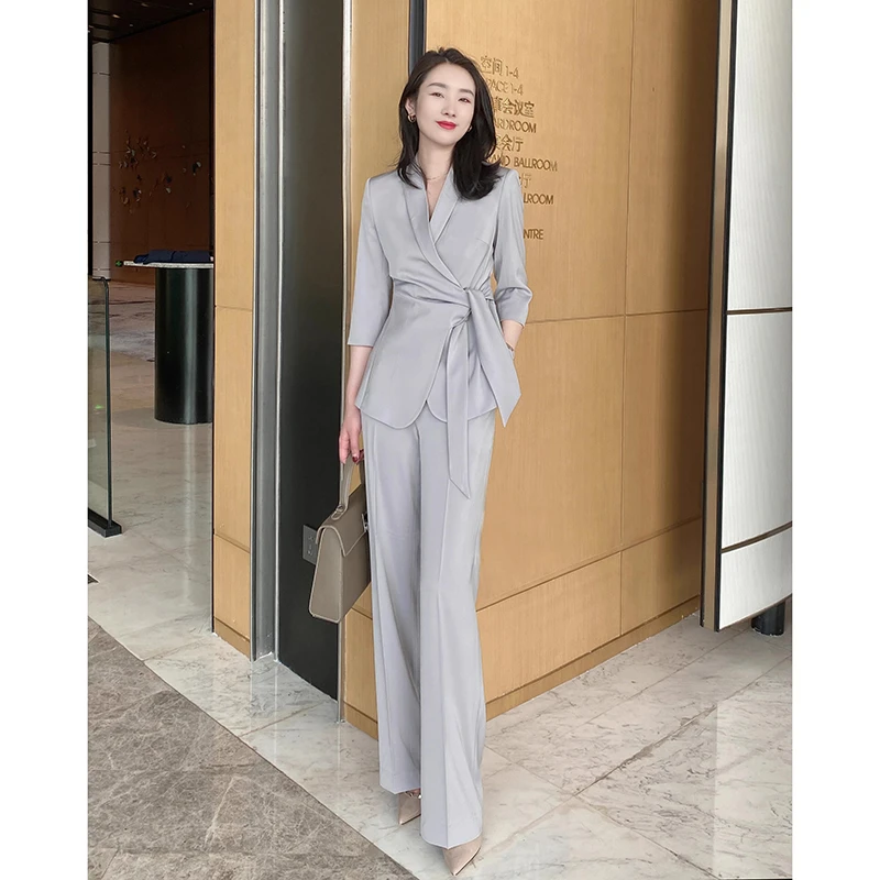 高级感夏季新款气质洋气减龄系带显瘦西装套装女微喇叭裤两件套