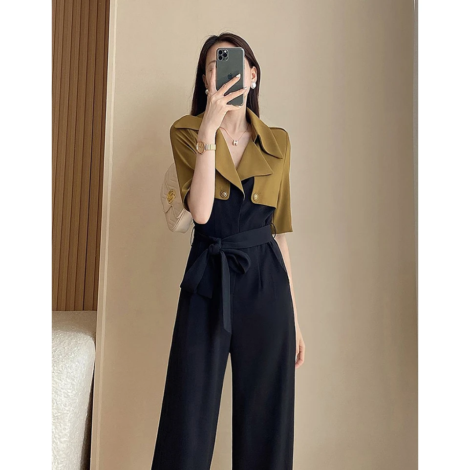 夏季设计感气质显瘦收腰西装领时尚高腰拼接阔腿裤长裤连体衣裤女