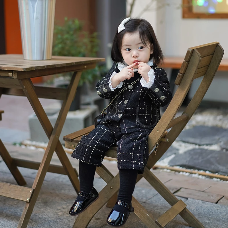 小蜜糖童装2023女童秋装套装韩版气质周岁礼服女宝洋气小香风外套