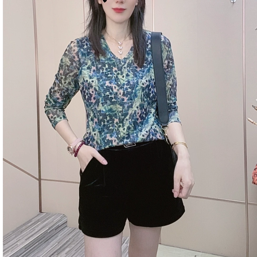 柔软舒适2025春季新款扎染绿肌肤纱长袖t恤女宽松洋气打底衫外穿T