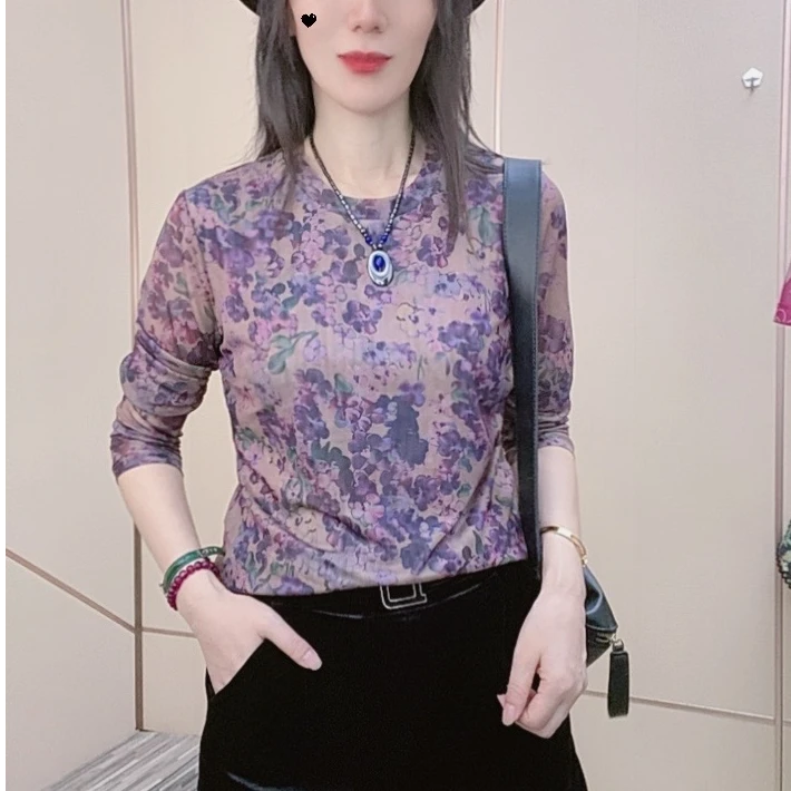 圆领柔软春季新款葡萄紫肌肤纱长袖t恤女宽松遮肚打底衫外穿上衣T