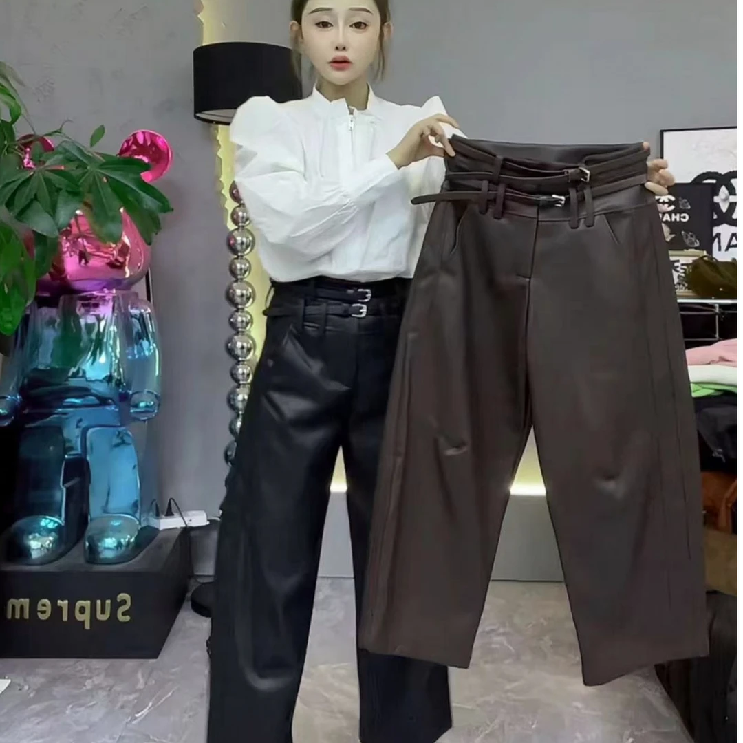 欧货双腰带皮尤阔腿裤女冬新高腰弹力休闲加绒弯刀蛋白皮裤哈伦裤