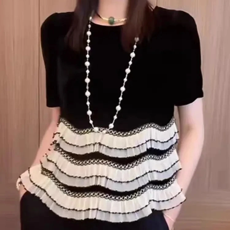 高级感短袖t恤女显瘦蕾丝拼接气质金丝绒小衫新洋气垂感衬衫