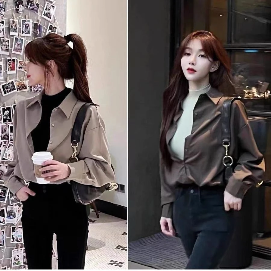 2025年秋季百搭格调美拉德设计感假两件衬衫设计感长袖显瘦衬衣女
