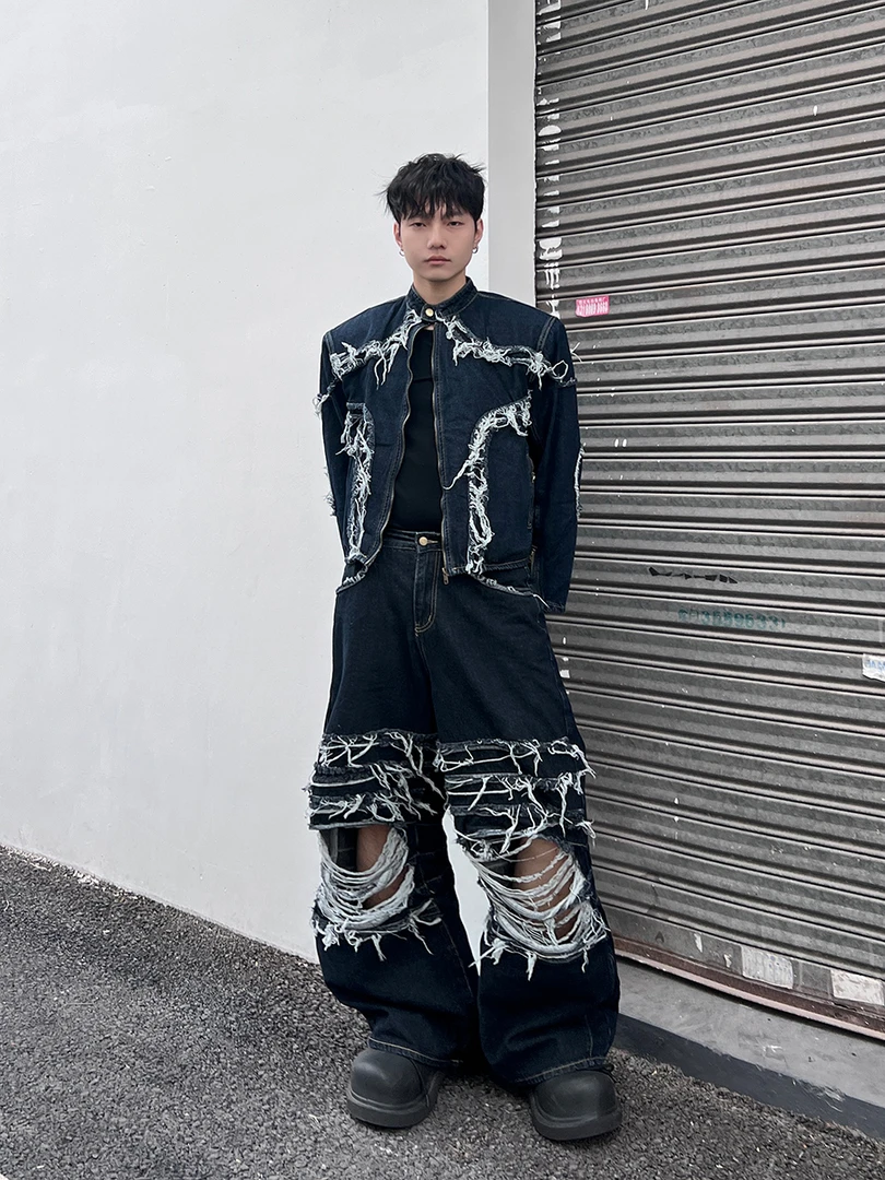 IHF INFiniTE HF“黄金律法拉达冈”水洗破坏抽丝潮流破洞牛仔外套、