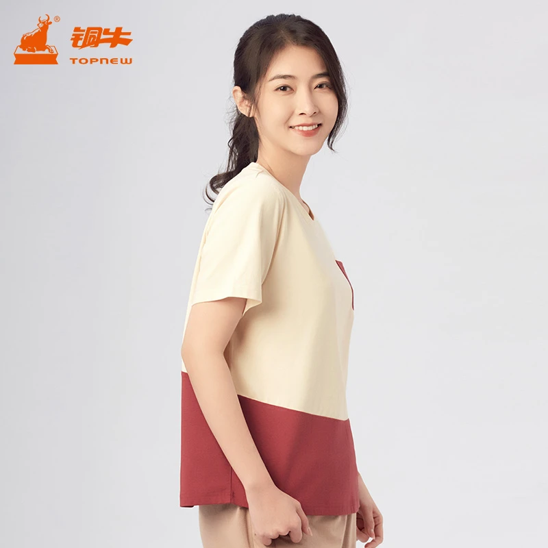 铜牛艾草索罗娜珍棉拼色半袖休闲女衫 春夏新款短袖T恤VS269