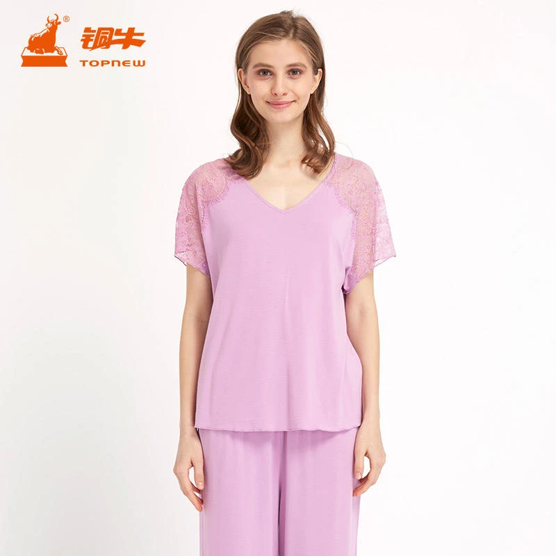 铜牛春夏舒弹V领蕾丝家居服女套短袖薄款宽松舒适睡衣套装VJ063