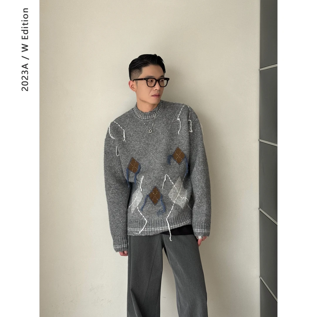 ERICLASSY 复古慵懒手工流苏挑针菱形格轻破坏圆领毛衣