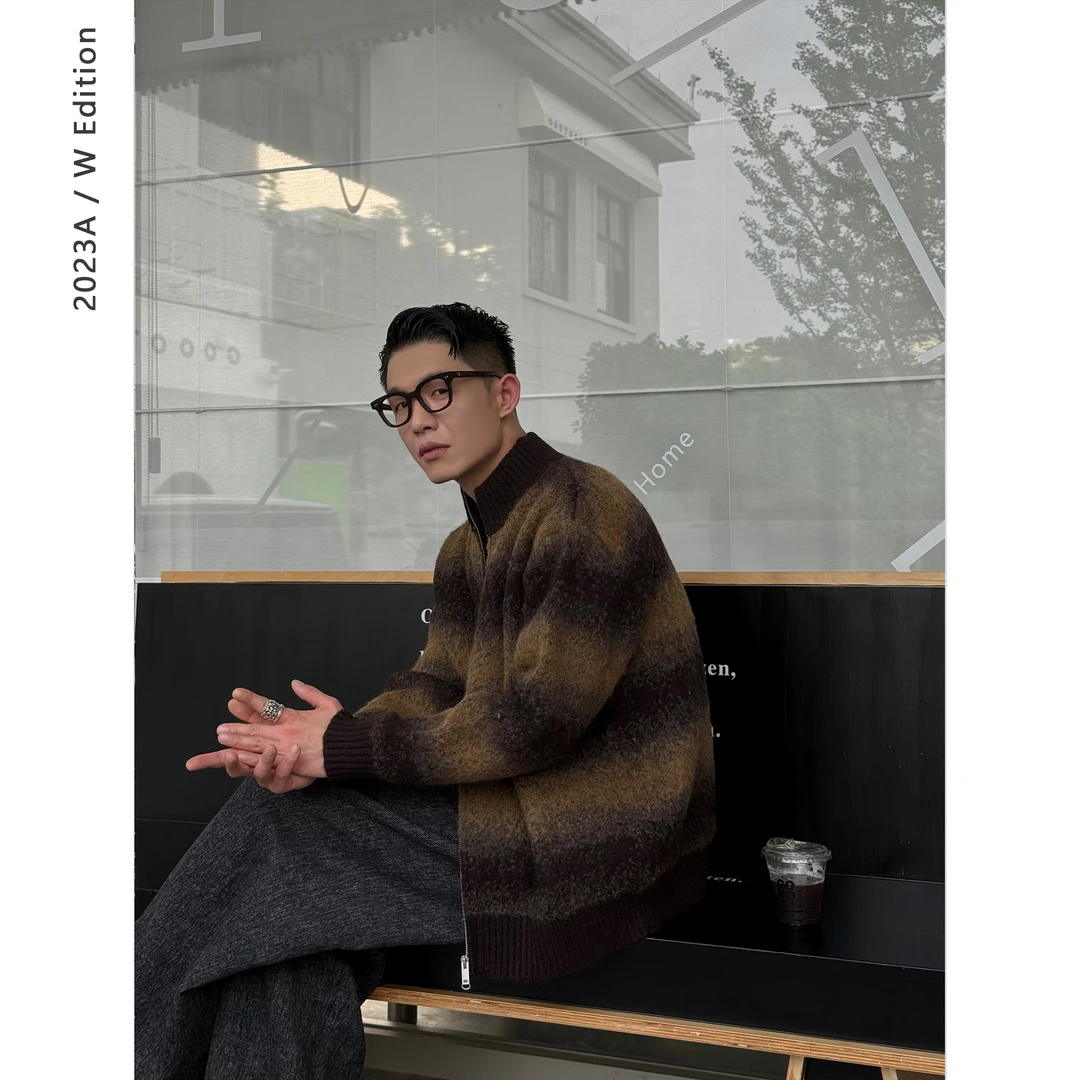 ERICLASSY 重磅羊毛混纺芝麻点针法渐变条纹复古宽罗纹毛衣开衫