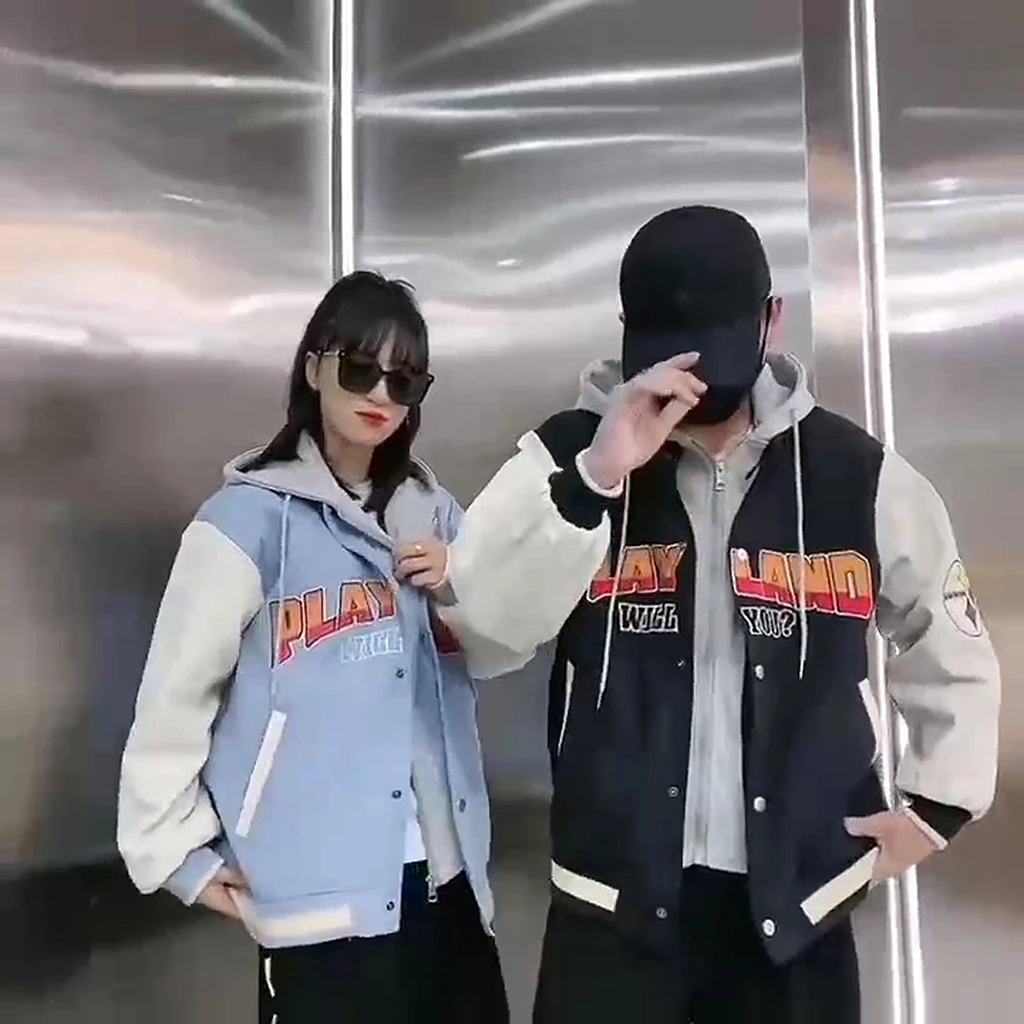 春秋潮牌男女同款连帽夹克外套潮流刺绣休闲假两件拼青少年棒球服