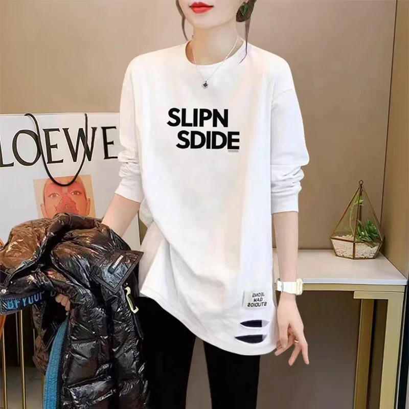 春秋长款下摆破洞打底衫女遮屁股叠穿t恤显瘦宽松搭配鲨鱼裤上衣