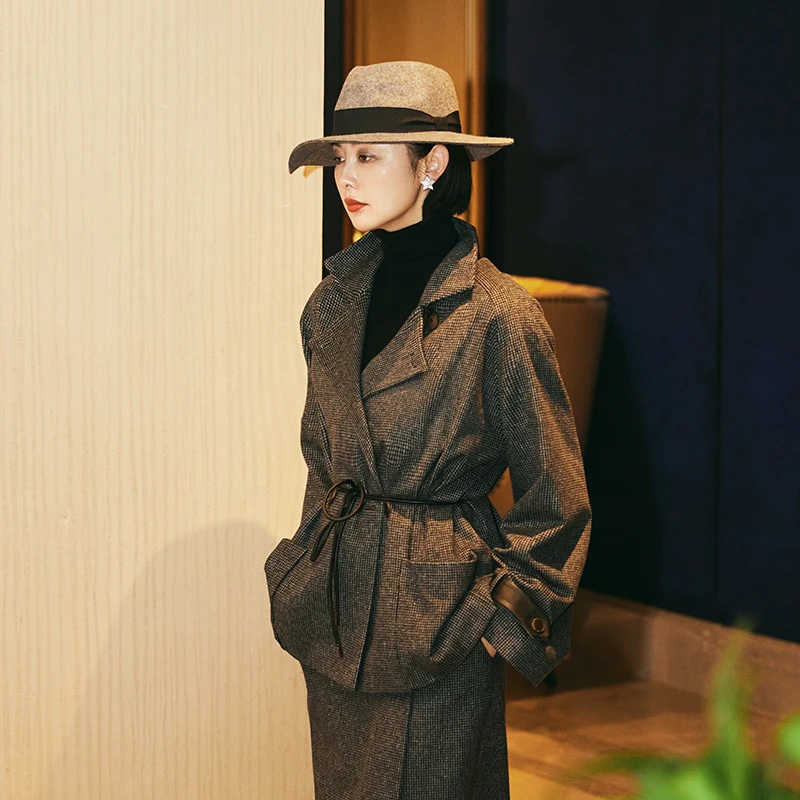 TRACYCHU奶灰色千鸟格50年代优雅代言千金洋气复古休闲皮绳短外套