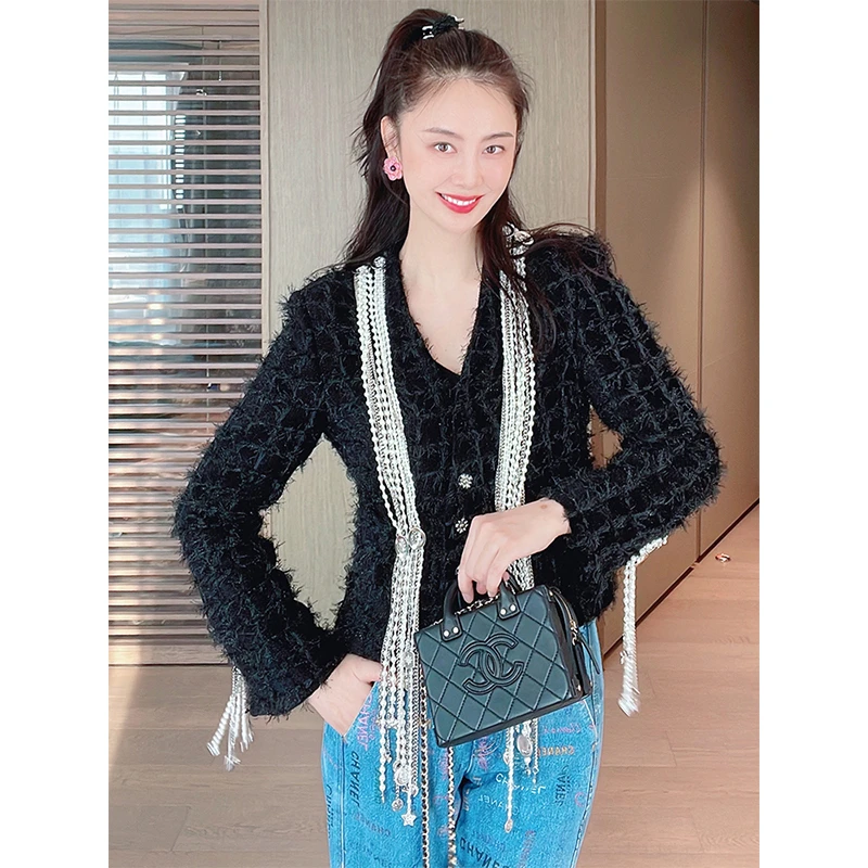 TRACYCHU黑色粗花呢手工制作黑色链条流苏外套上衣千金清冷感贵系