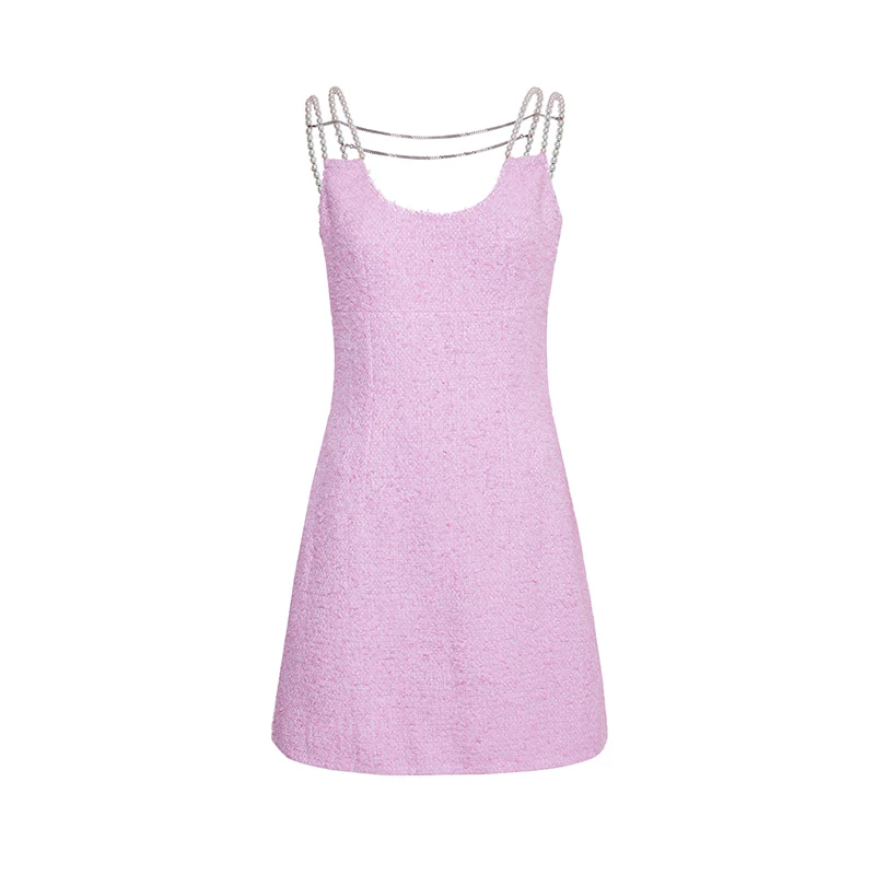 TRACY CHU 多巴胺风新品出行粉色重工珍珠链款千金贵系显瘦连衣裙