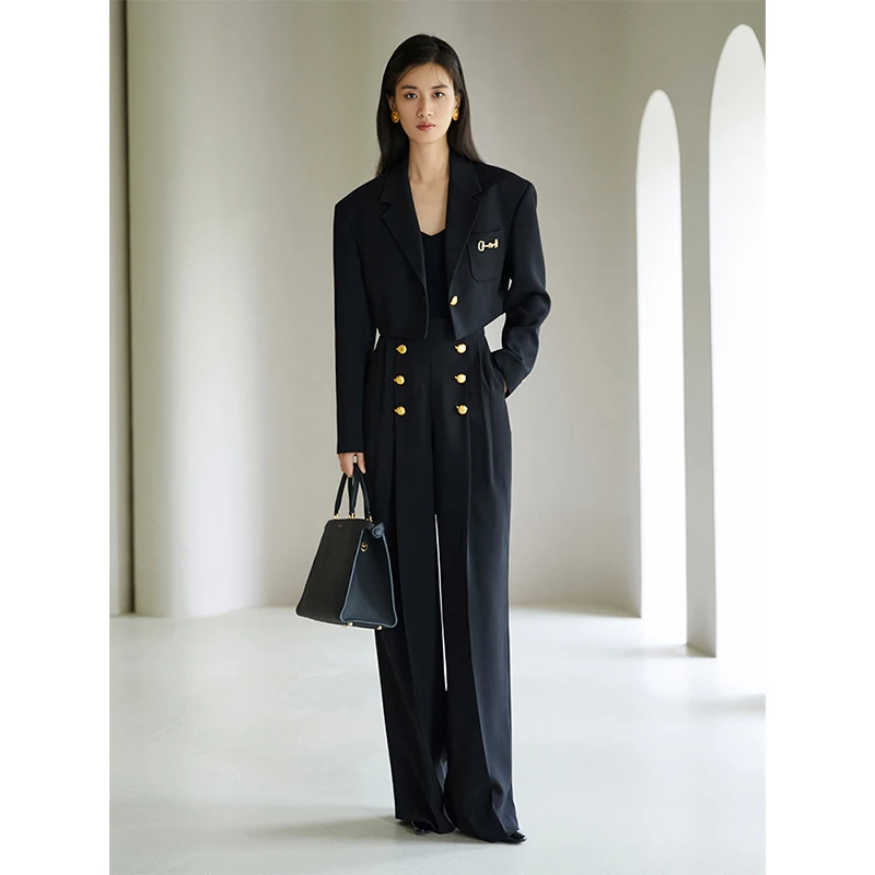 TRACY CHU【现货】职场战袍重工饰品纽扣黑色高腰时尚款女神阔腿裤