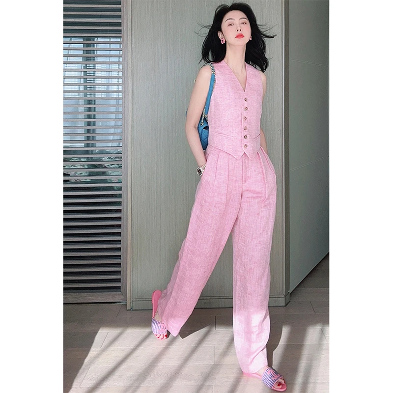 TRACYCHU时尚气质减龄百搭洋气小众款粉色亚麻高腰显瘦休闲裤长裤
