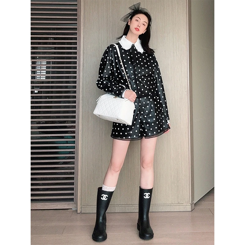 TRACY CHU 时尚显瘦气质减龄洋气黑白波点真丝衬摩登baby羊皮短裤