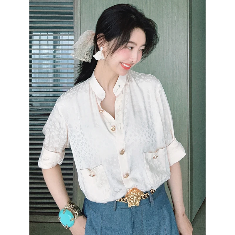 TRACYCHU设计感气质款香槟粉色缎光可拆蝴蝶结经典百搭多穿法衬衫