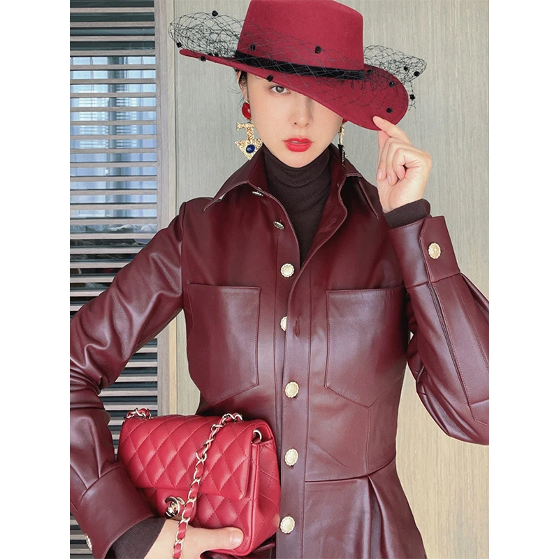 TRACYCHU【现货】百搭复古时尚修身洋气酒红色真丝衬小羊皮女士上衣
